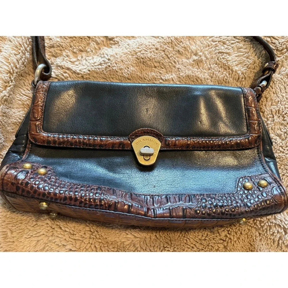 Brahmin Tuscan Black Croc Embossed Leather Purse Bag Flap Turn Lock 